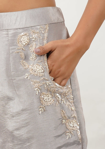 Grey Zariwork Silk Readymade Salwar Suit-Koskii