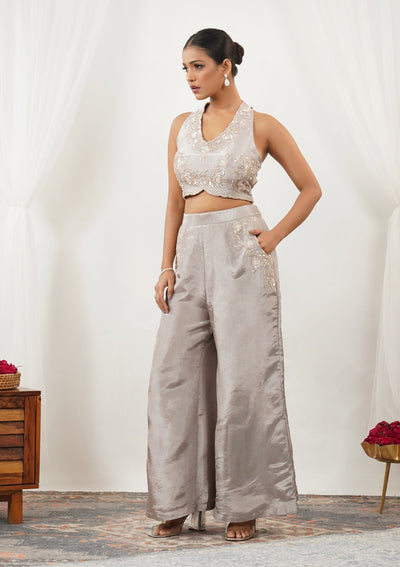 Grey Zariwork Silk Readymade Salwar Suit-Koskii