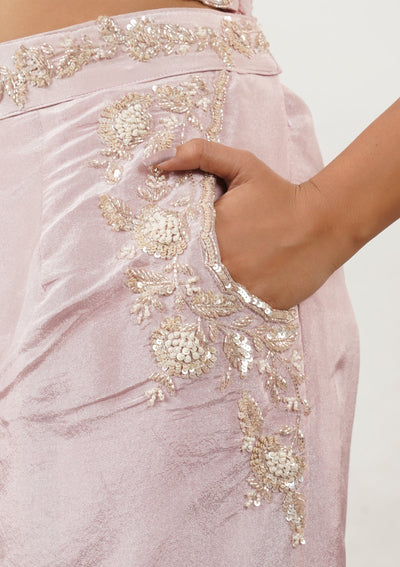 Light Peach Zariwork Silk Readymade Salwar Suit-Koskii