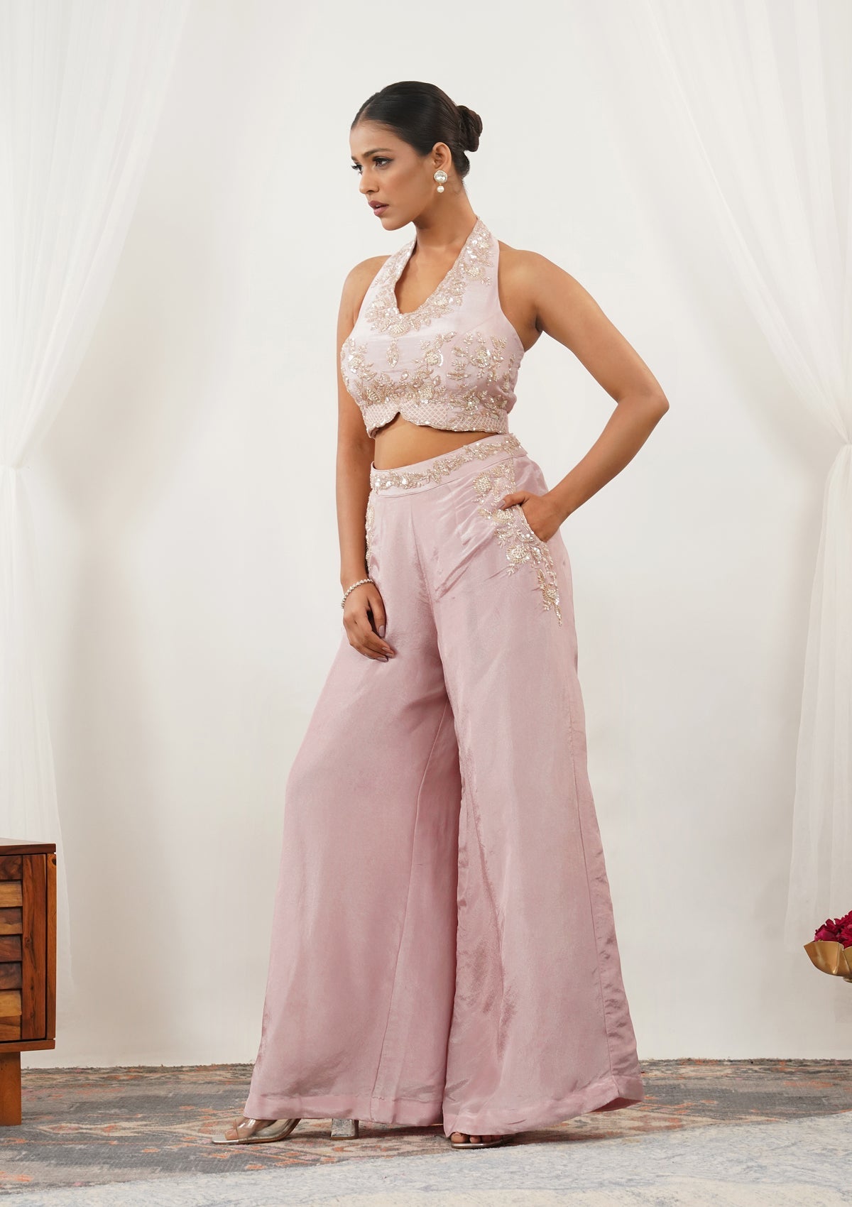 Light Peach Zariwork Silk Readymade Salwar Suit-Koskii