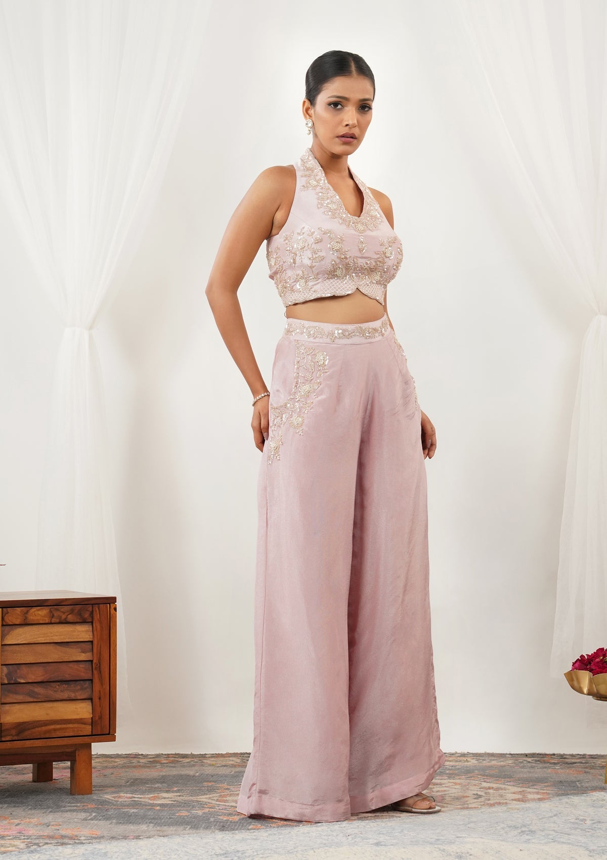 Light Peach Zariwork Silk Readymade Salwar Suit-Koskii