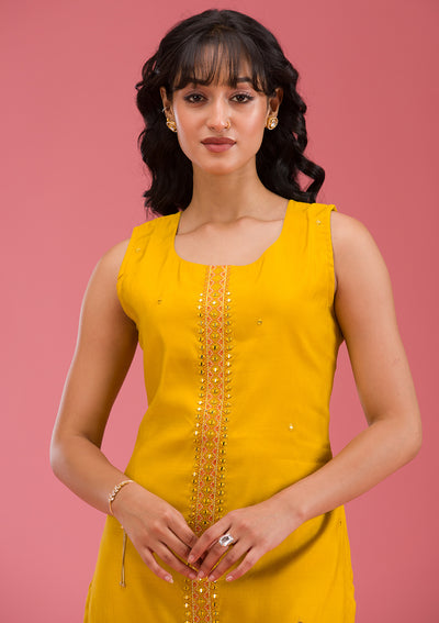Mustard Threadwork Art Silk Readymade Salwar Suit