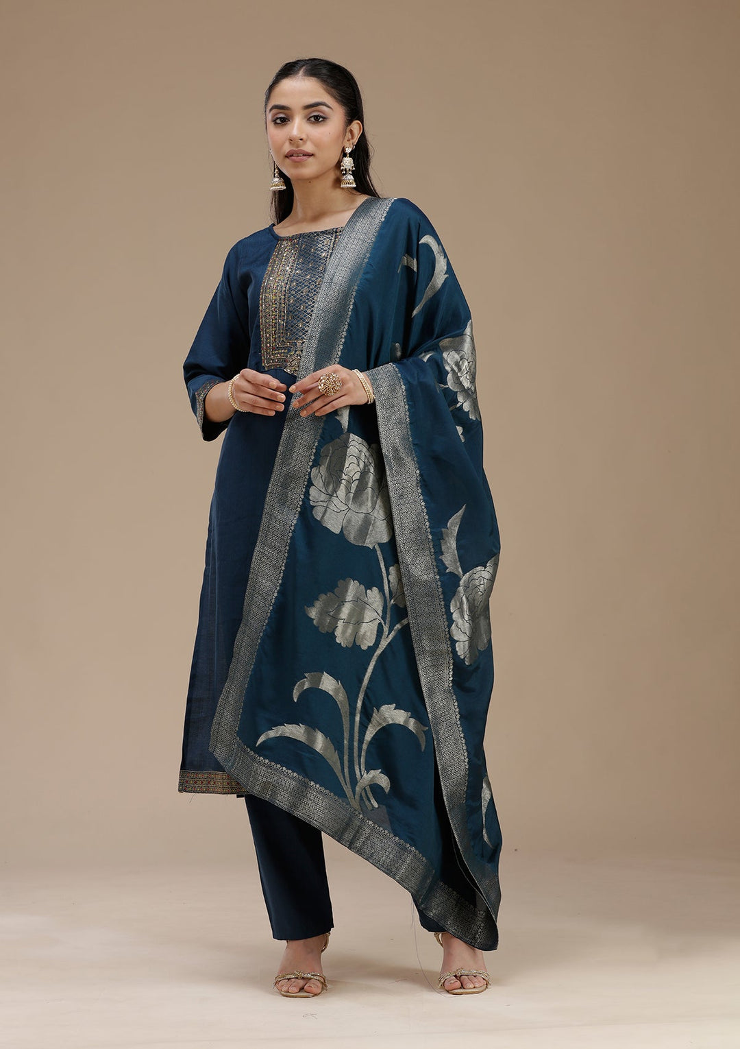 Peacock Blue Zariwork (Gold) Crepe Readymade Salwar Suit_koskii