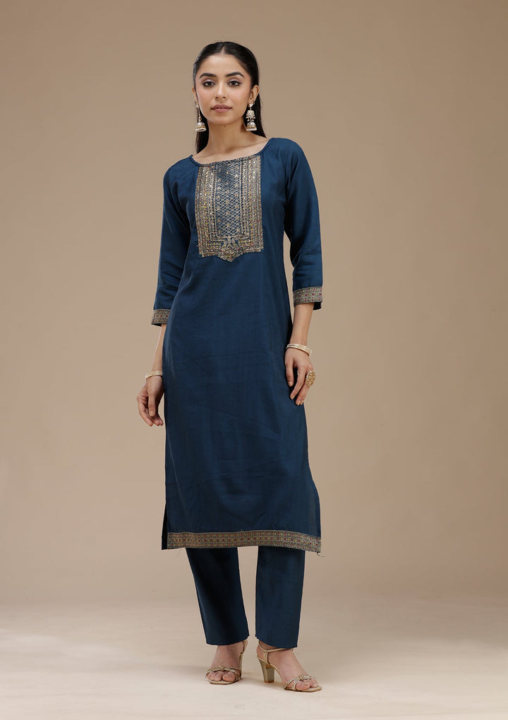 Peacock Blue Zariwork (Gold) Crepe Readymade Salwar Suit_koskii