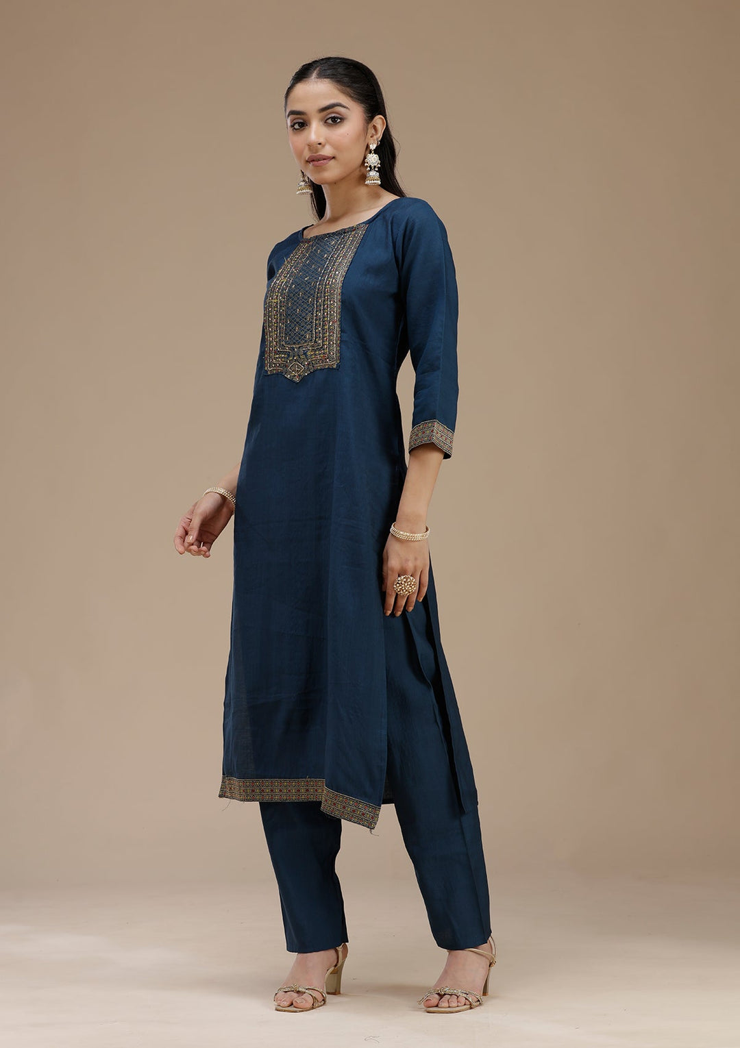 Peacock Blue Zariwork (Gold) Crepe Readymade Salwar Suit_koskii