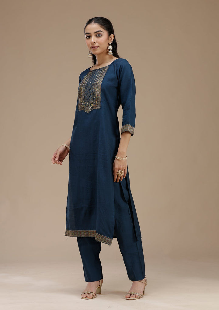Peacock Blue Zariwork (Gold) Crepe Readymade Salwar Suit_koskii