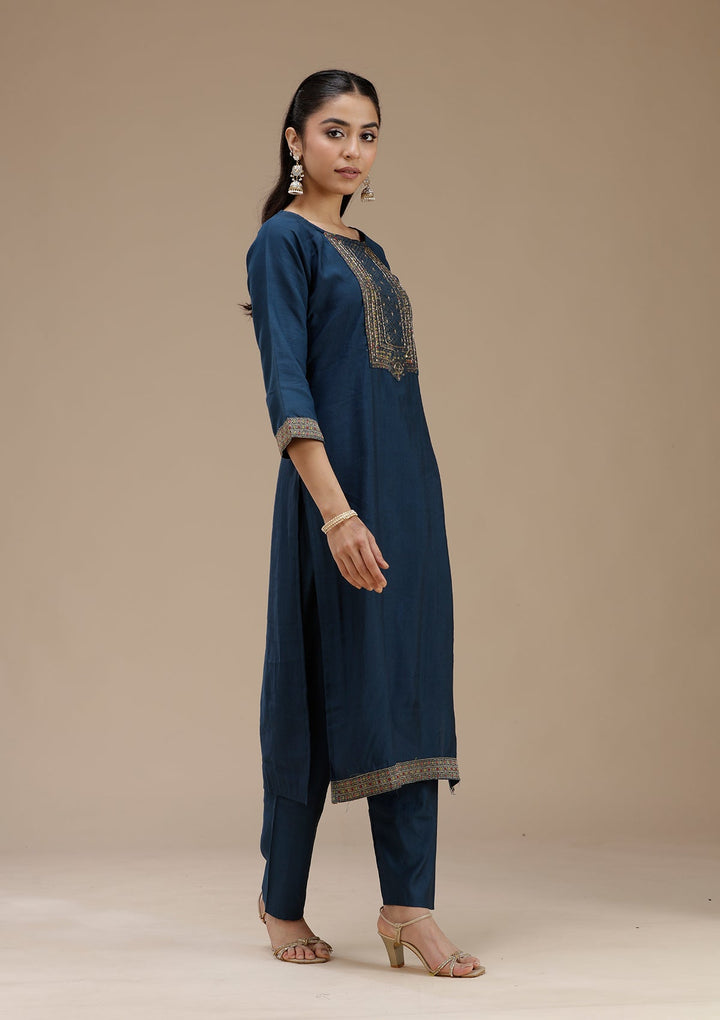 Peacock Blue Zariwork (Gold) Crepe Readymade Salwar Suit_koskii