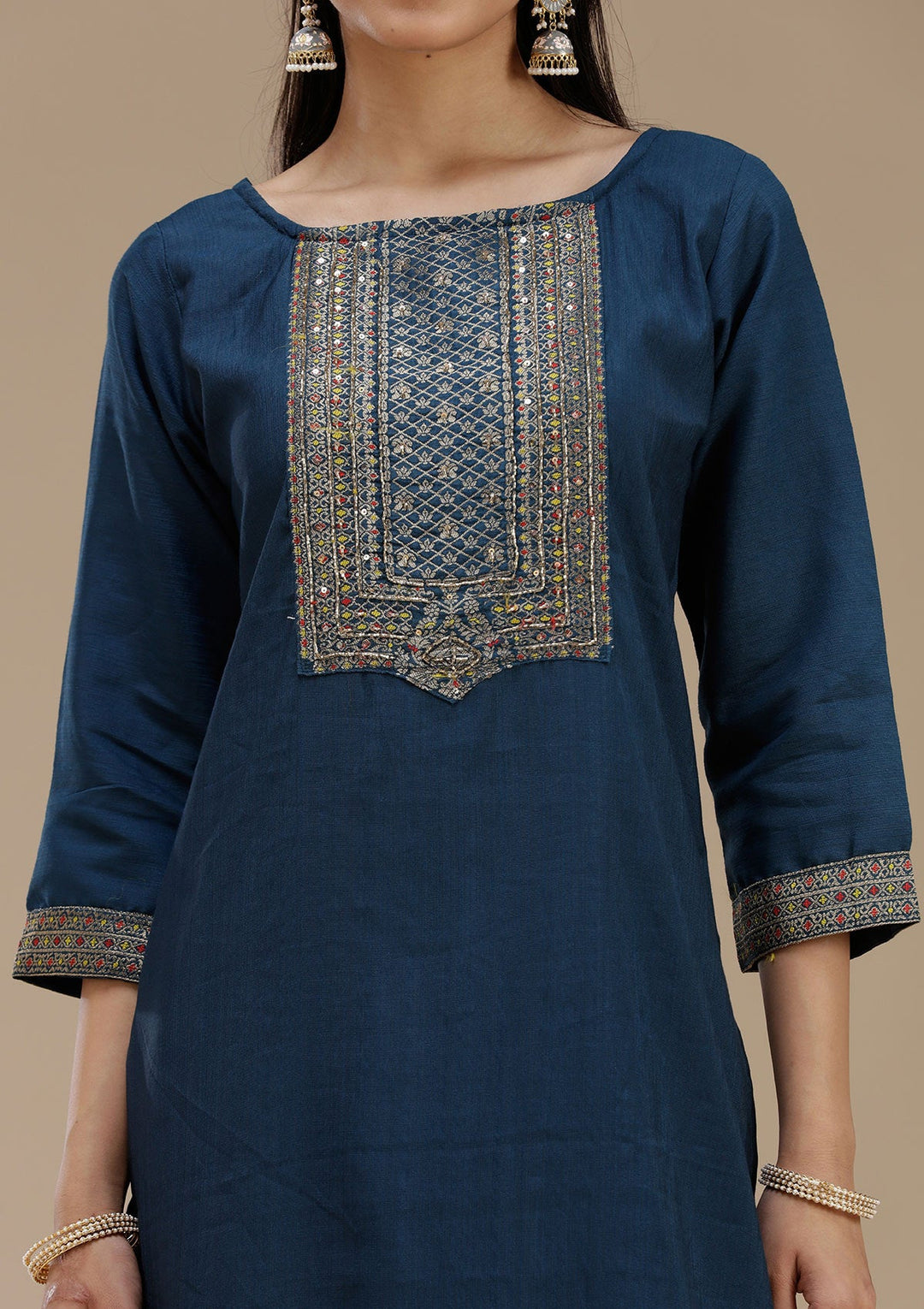 Peacock Blue Zariwork (Gold) Crepe Readymade Salwar Suit_koskii