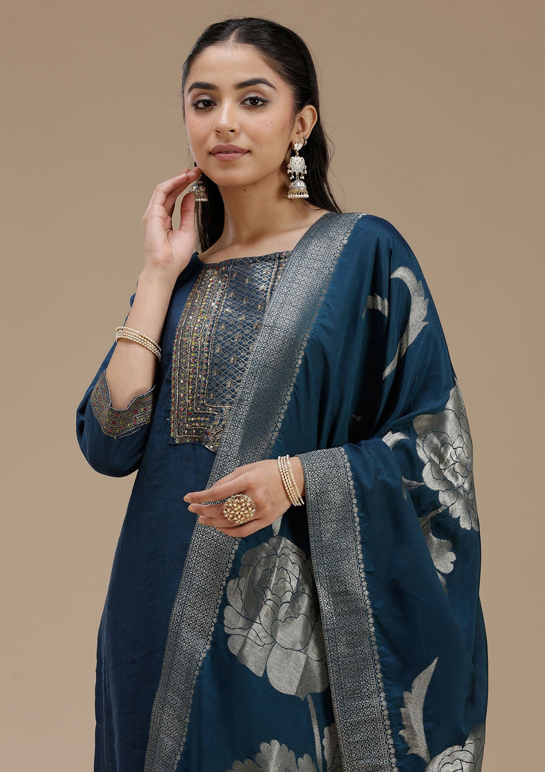 Peacock Blue Zariwork (Gold) Crepe Readymade Salwar Suit_koskii