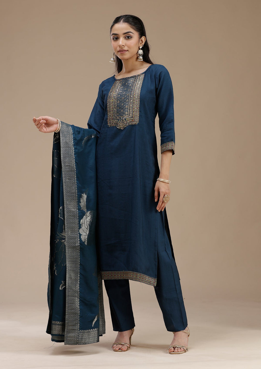 Peacock Blue Zariwork (Gold) Crepe Readymade Salwar Suit_koskii