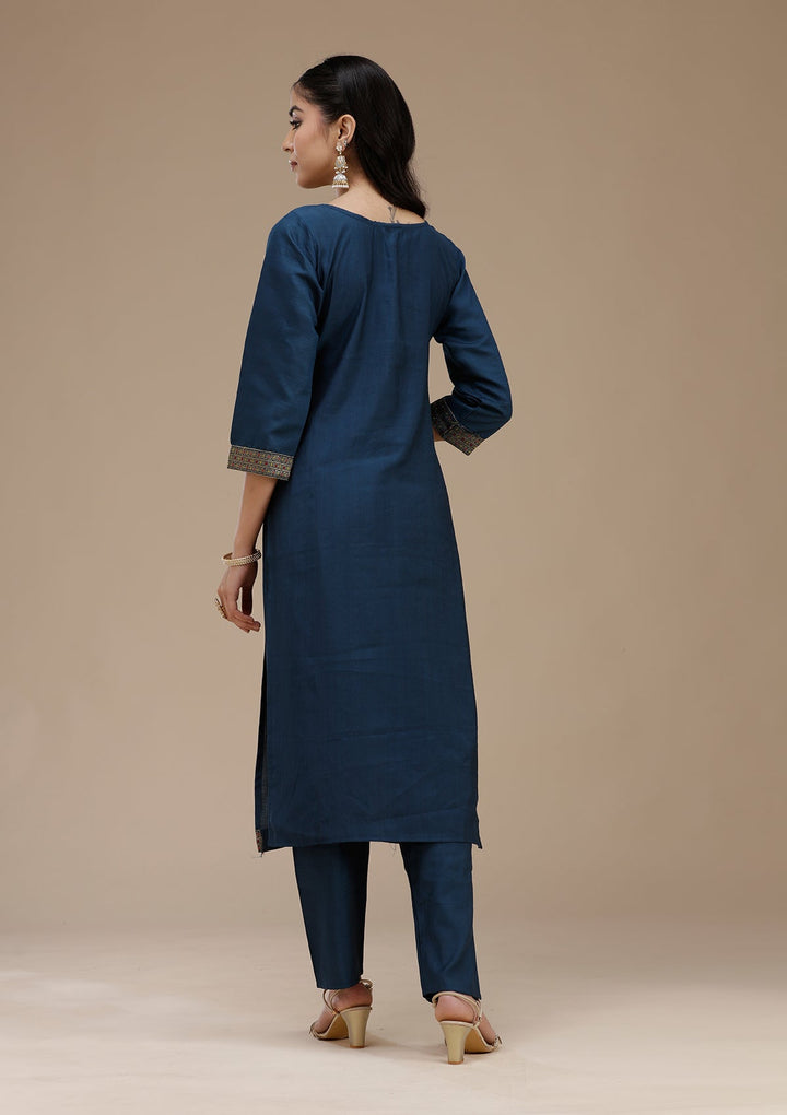 Peacock Blue Zariwork (Gold) Crepe Readymade Salwar Suit_koskii