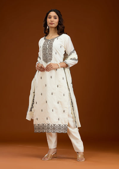 Off White Threadwork Semi Crepe Readymade Salwar Suit-Koskii