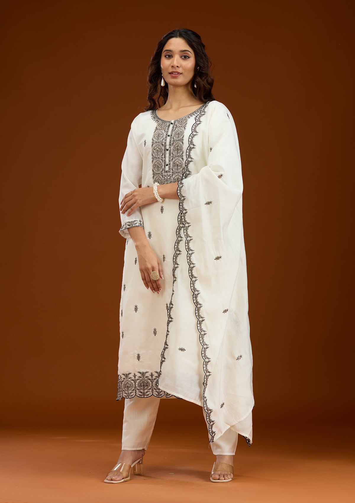 Off White Threadwork Semi Crepe Readymade Salwar Suit-Koskii