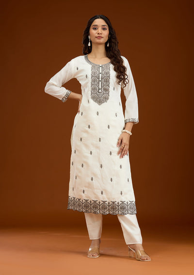 Off White Threadwork Semi Crepe Readymade Salwar Suit-Koskii