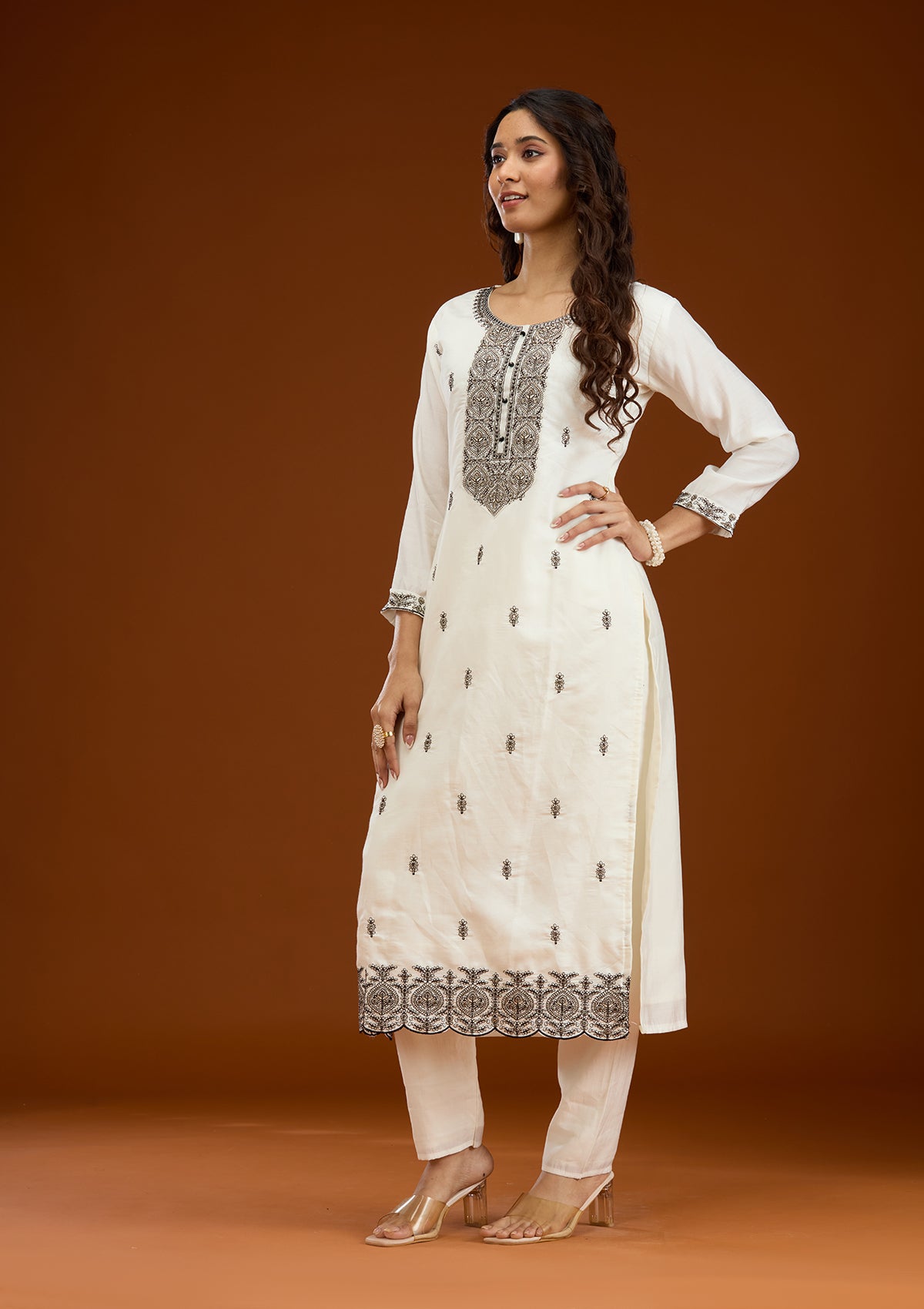 Off White Threadwork Semi Crepe Readymade Salwar Suit-Koskii