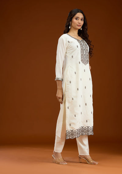 Off White Threadwork Semi Crepe Readymade Salwar Suit-Koskii