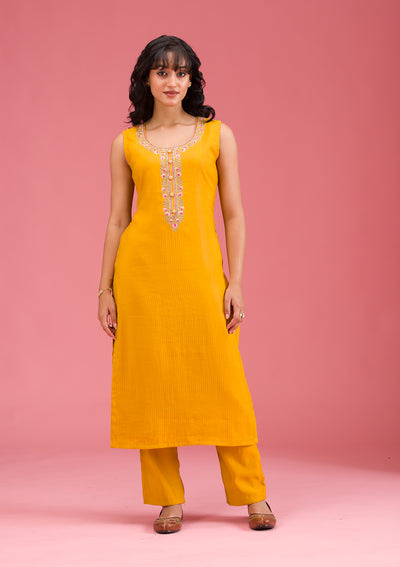 Mustard Threadwork Art Silk Readymade Salwar Suit