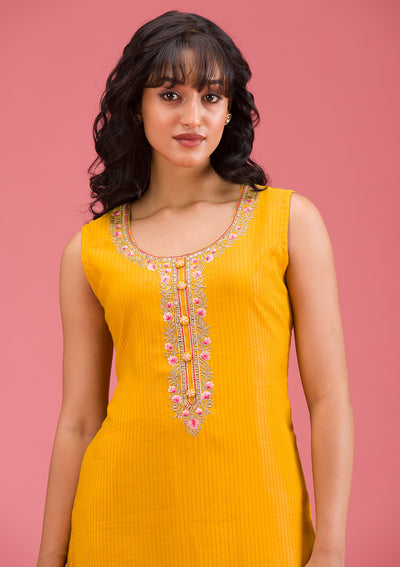Mustard Threadwork Art Silk Readymade Salwar Suit