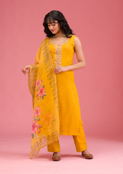 Mustard Threadwork Art Silk Readymade Salwar Suit