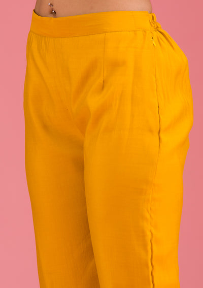 Mustard Threadwork Art Silk Readymade Salwar Suit
