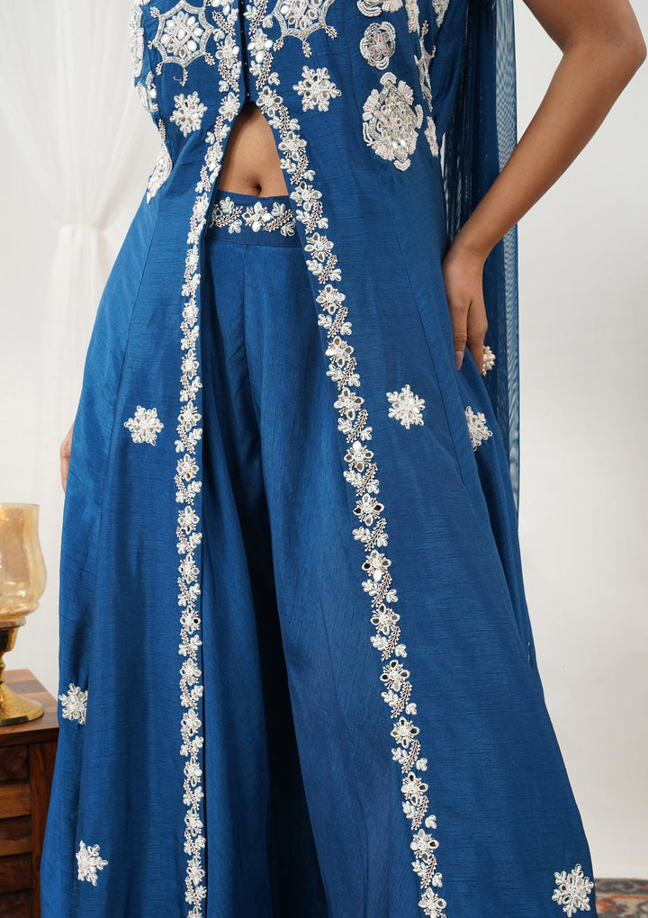 Royal Blue Mirrorwork Semi Crepe Readymade Salwar Suit-Koskii