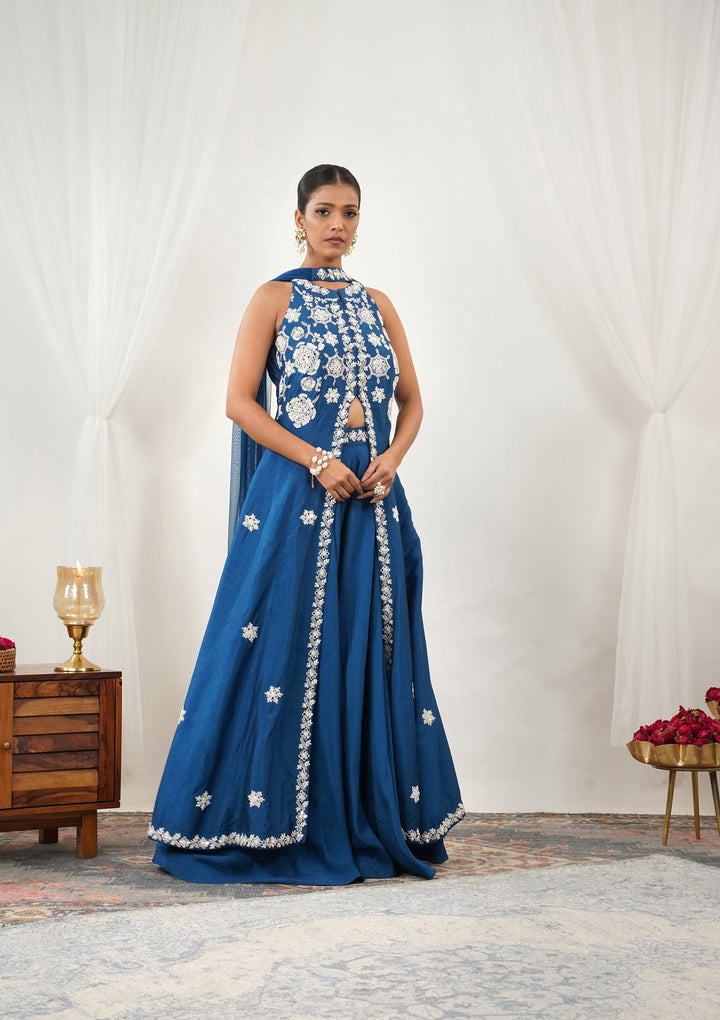 Royal Blue Mirrorwork Semi Crepe Readymade Salwar Suit-Koskii