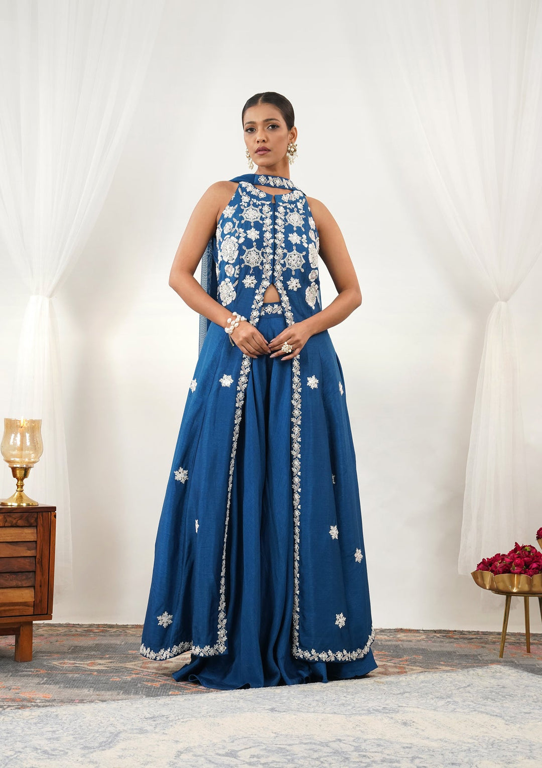 Royal Blue Mirrorwork Semi Crepe Readymade Salwar Suit-Koskii
