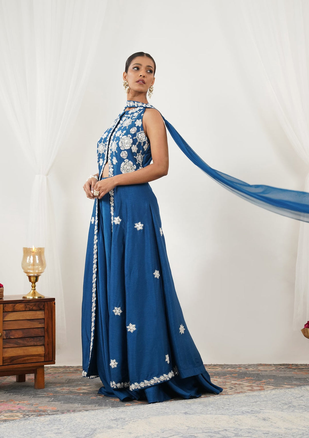 Royal Blue Mirrorwork Semi Crepe Readymade Salwar Suit-Koskii