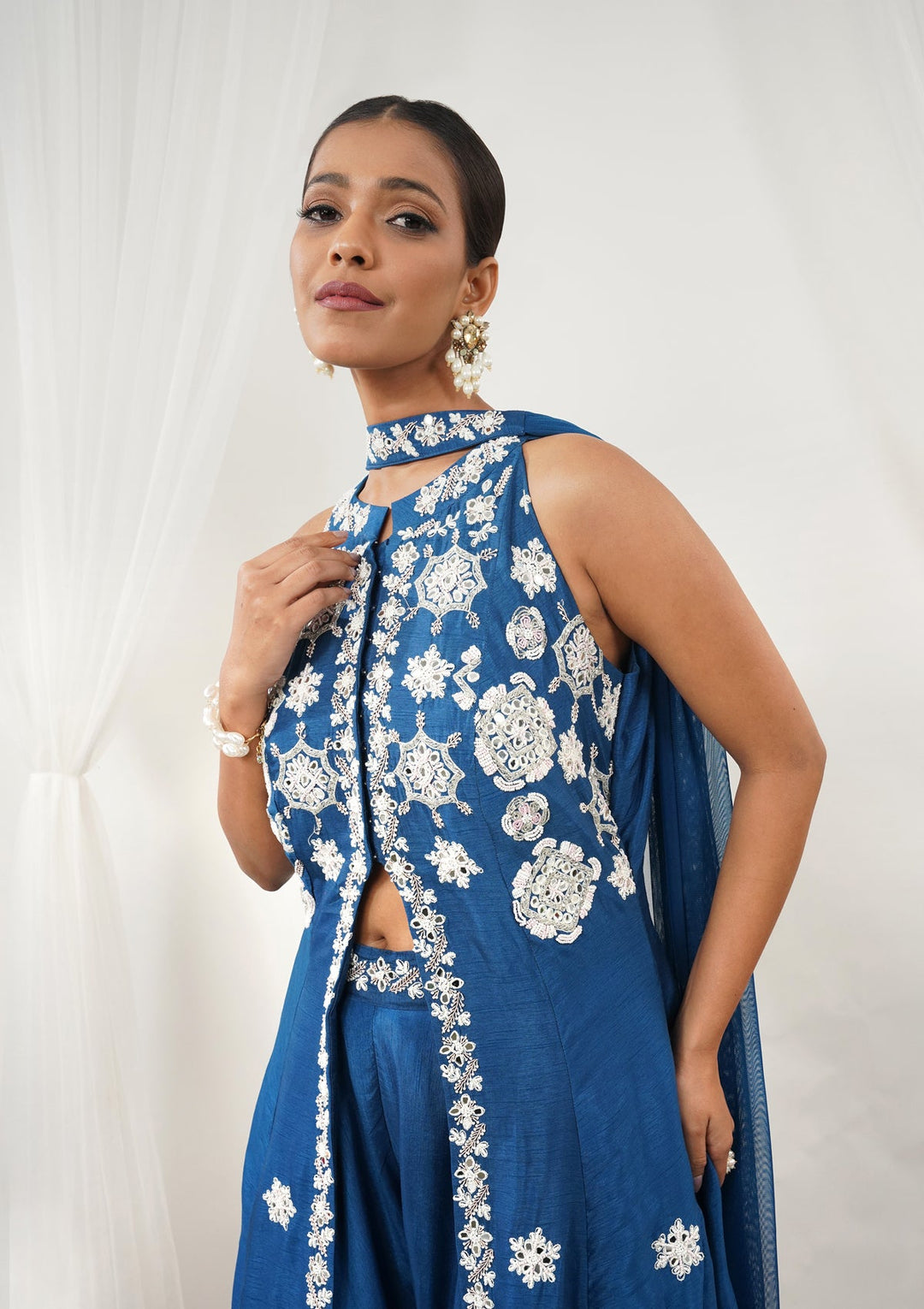 Royal Blue Mirrorwork Semi Crepe Readymade Salwar Suit-Koskii