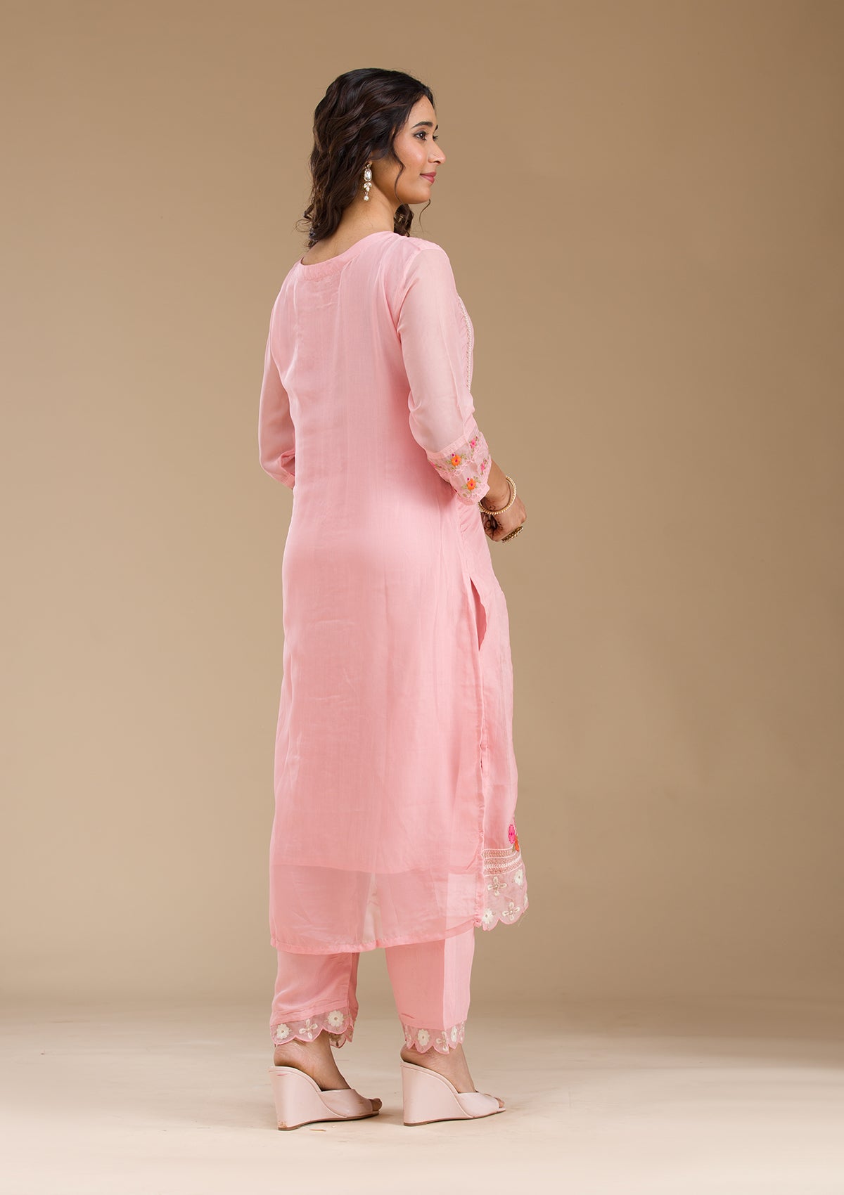 Baby Pink Threadwork Semi Crepe Readymade Salwar Suit-Koskii