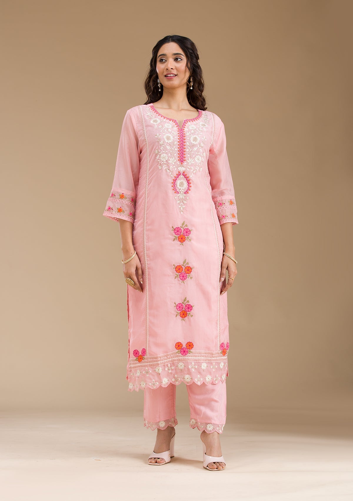 Baby Pink Threadwork Semi Crepe Readymade Salwar Suit-Koskii