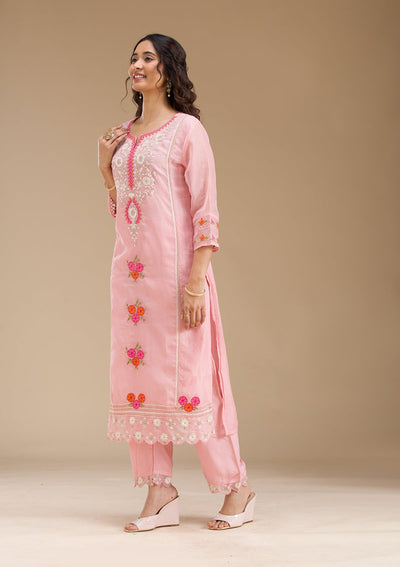 Baby Pink Threadwork Semi Crepe Readymade Salwar Suit-Koskii