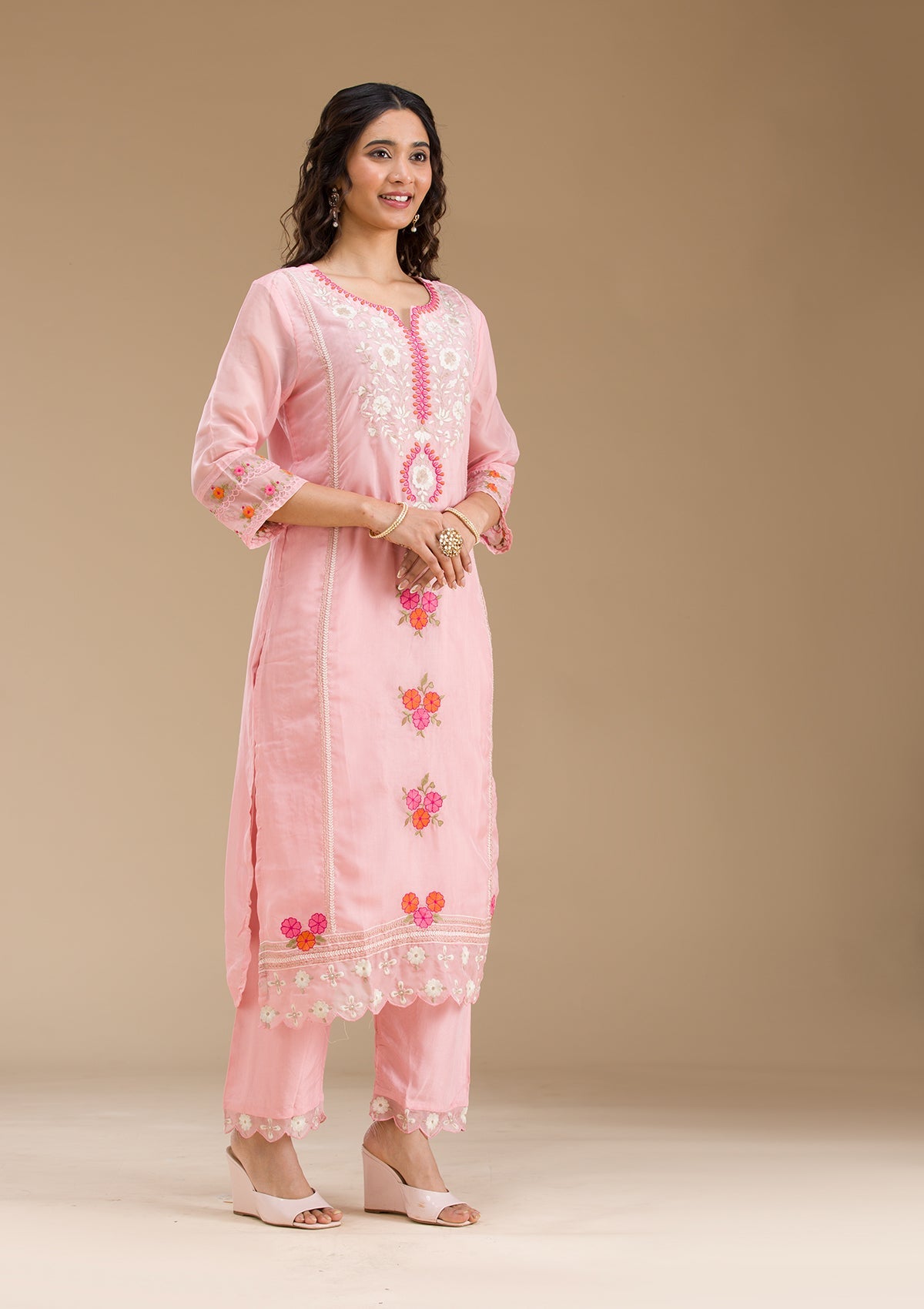 Baby Pink Threadwork Semi Crepe Readymade Salwar Suit-Koskii