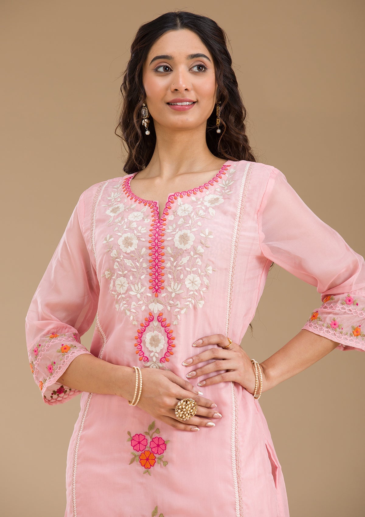 Baby Pink Threadwork Semi Crepe Readymade Salwar Suit-Koskii