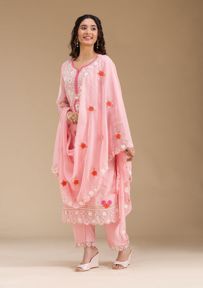 Baby Pink Threadwork Semi Crepe Readymade Salwar Suit-Koskii