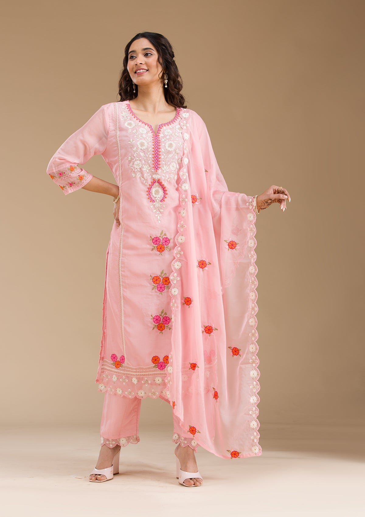 Baby Pink Threadwork Semi Crepe Readymade Salwar Suit-Koskii