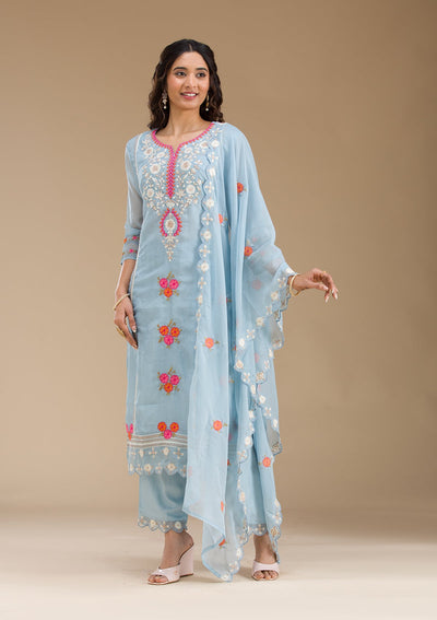 Sky Blue Threadwork Semi Crepe Readymade Salwar Suit-Koskii