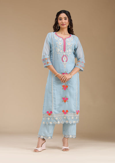 Sky Blue Threadwork Semi Crepe Readymade Salwar Suit-Koskii