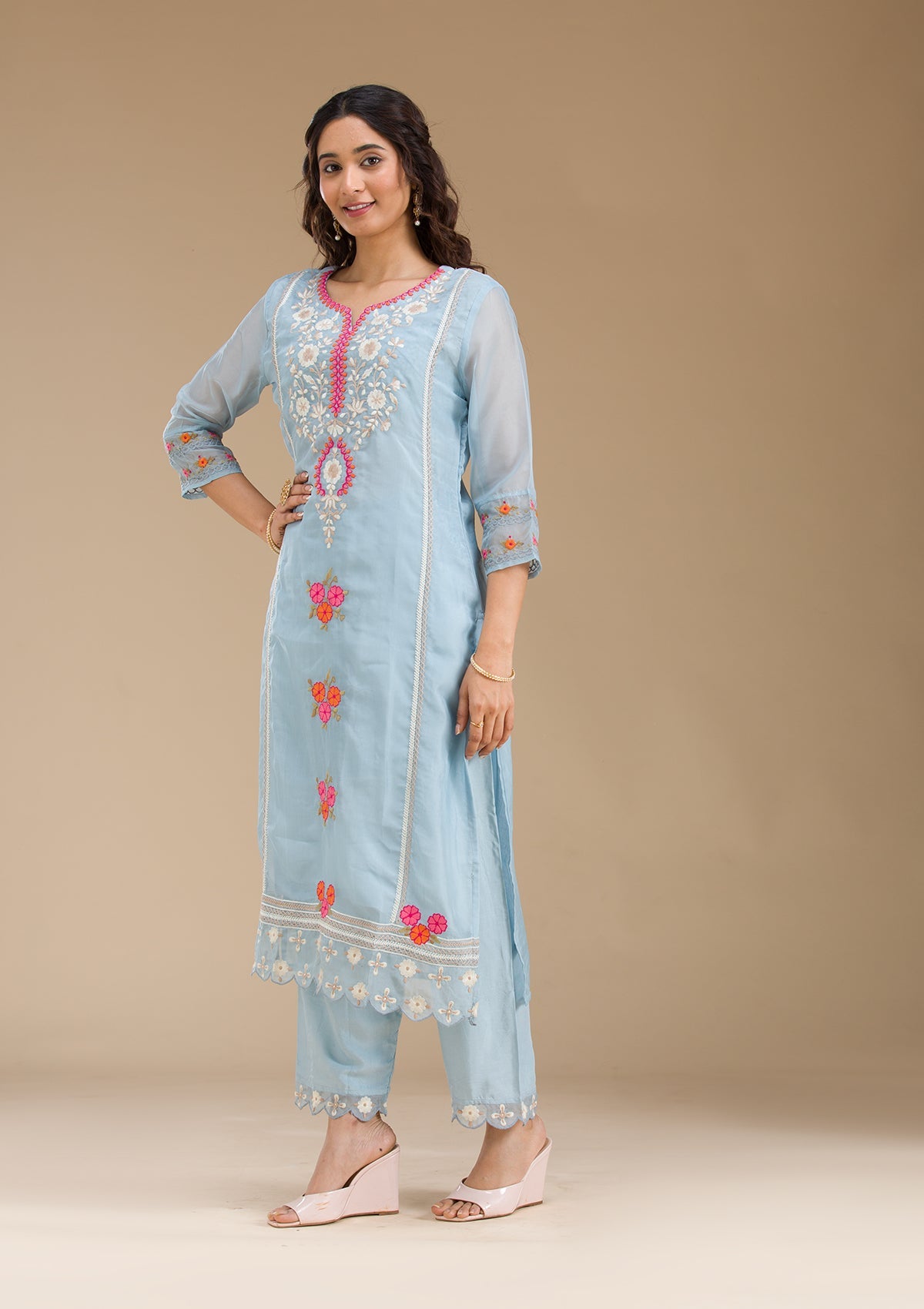 Sky Blue Threadwork Semi Crepe Readymade Salwar Suit-Koskii