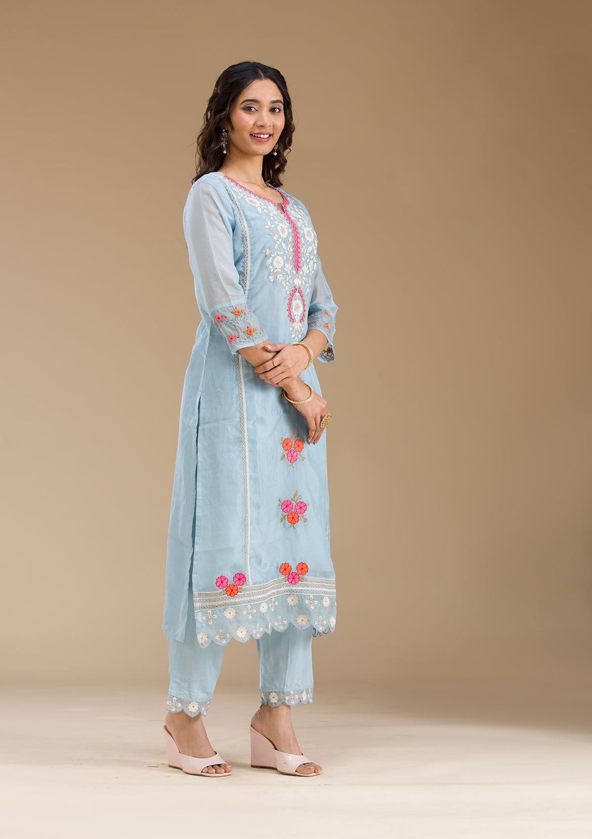 Sky Blue Threadwork Semi Crepe Readymade Salwar Suit-Koskii