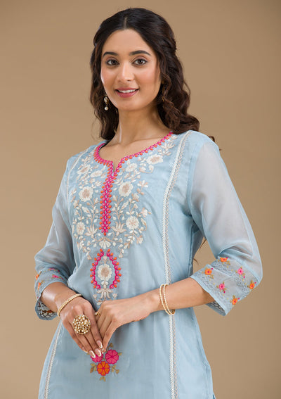 Sky Blue Threadwork Semi Crepe Readymade Salwar Suit-Koskii