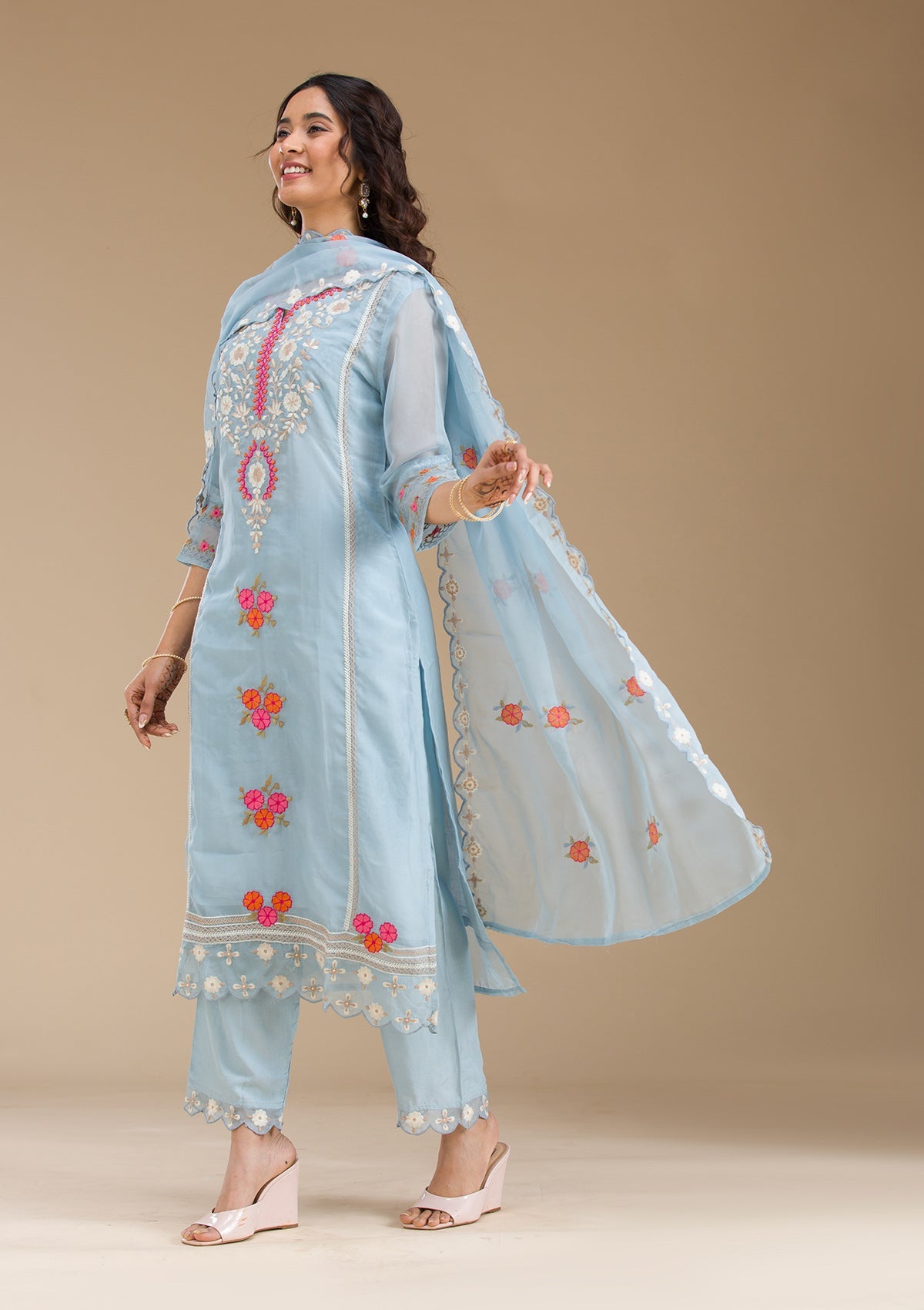 Sky Blue Threadwork Semi Crepe Readymade Salwar Suit-Koskii