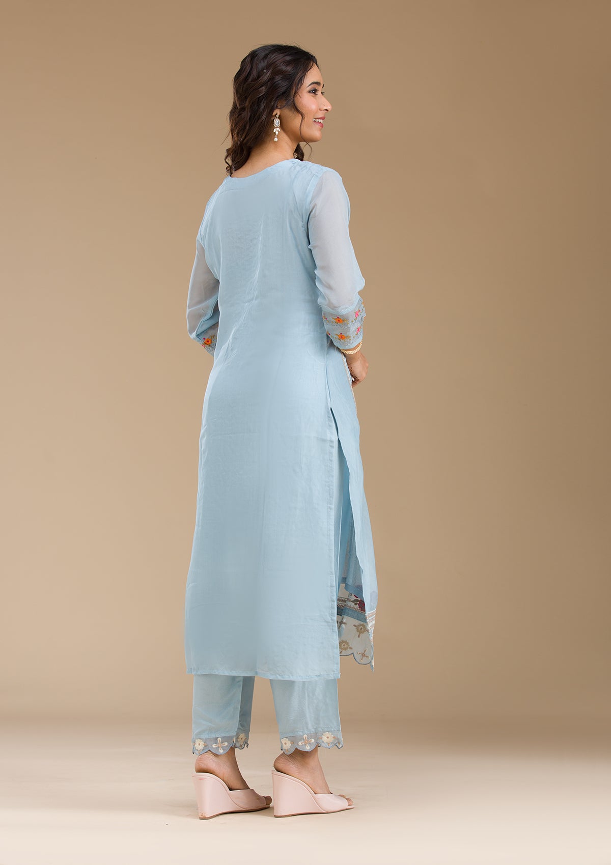 Sky Blue Threadwork Semi Crepe Readymade Salwar Suit-Koskii