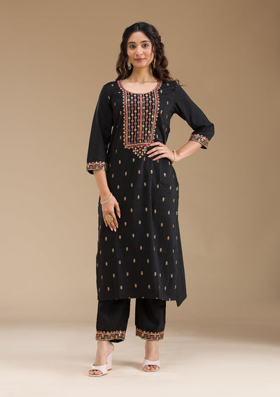 Black Threadwork Semi Crepe Readymade Salwar Suit-Koskii