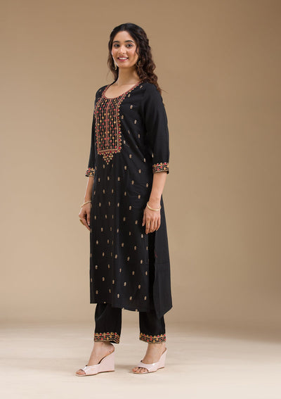 Black Threadwork Semi Crepe Readymade Salwar Suit-Koskii