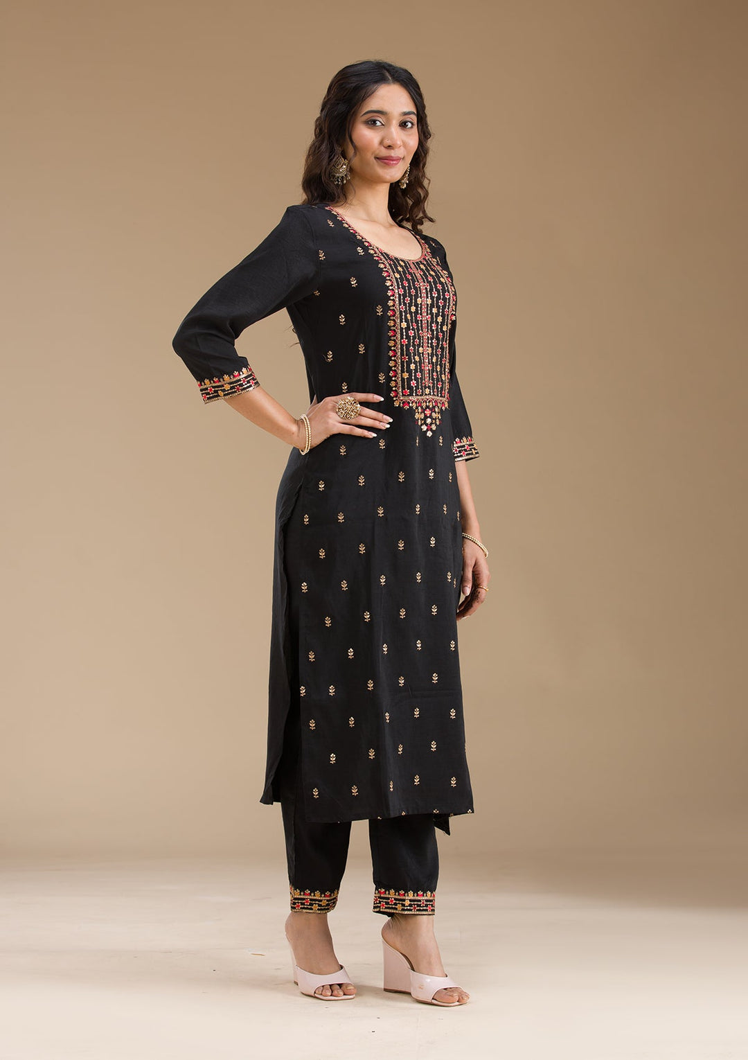 Black Threadwork Semi Crepe Readymade Salwar Suit-Koskii