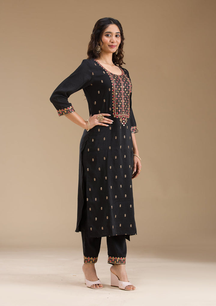 Black Threadwork Semi Crepe Readymade Salwar Suit-Koskii