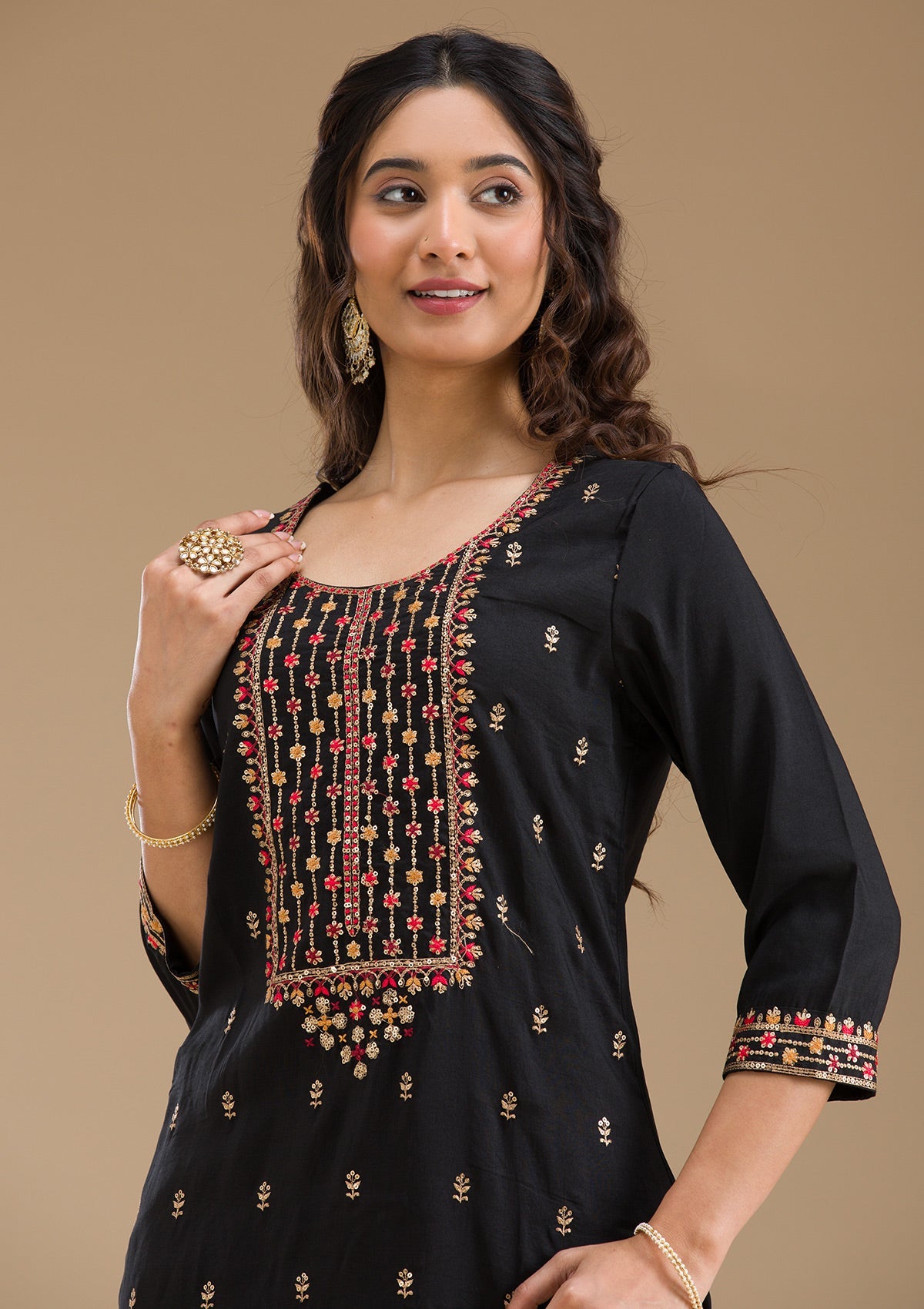 Black Threadwork Semi Crepe Readymade Salwar Suit-Koskii