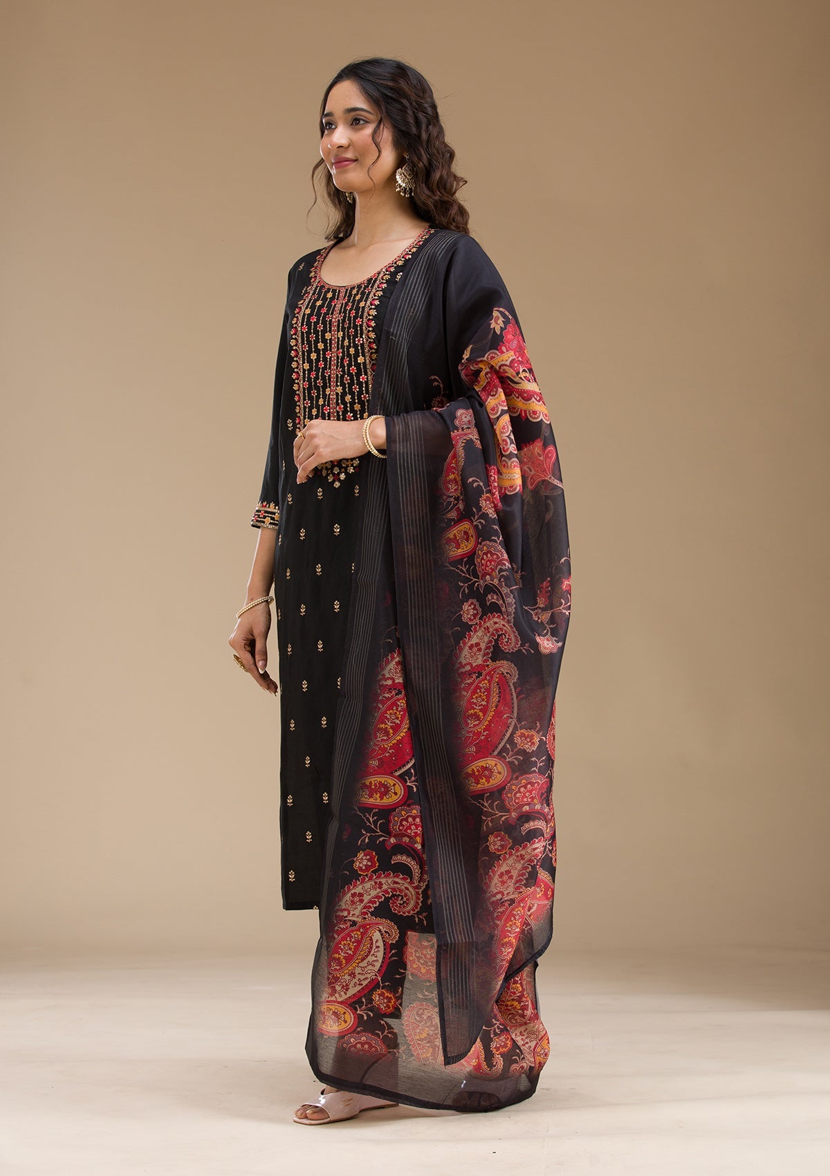 Black Threadwork Semi Crepe Readymade Salwar Suit-Koskii