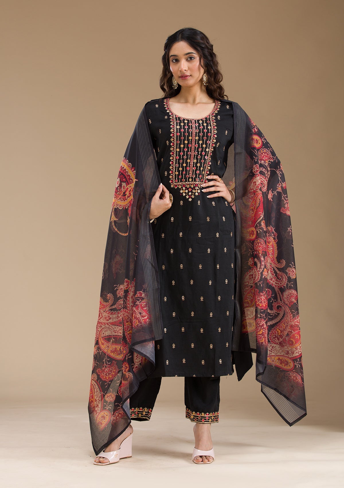 Black Threadwork Semi Crepe Readymade Salwar Suit-Koskii